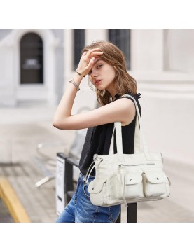 Simple double pocket white tote